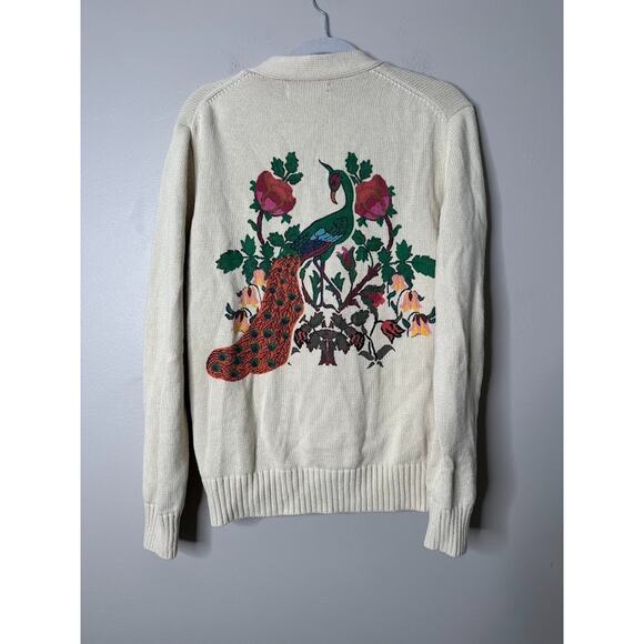 Akoo Roe Mens Cardigan Small Patchwork Varsity Preppy Animal Print Button Ivory - Picture 5 of 9